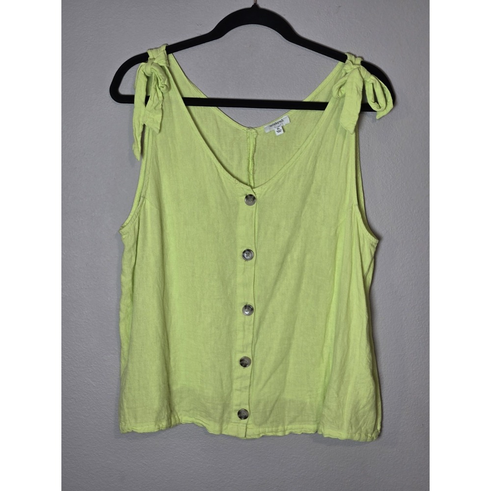 Neon Yellow Linen Boxy Relaxed Button Down Tank Top Blouse Shirt Size XL Bow